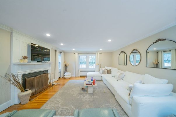 Fireplace, Interior, Living room, Recessed Lighting, Wood Texture Flooring