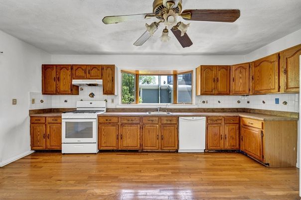Interior, Kitchen, Tile Countertops, Wood Texture Flooring