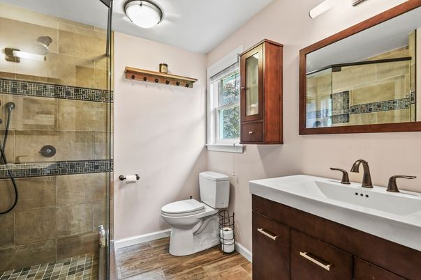 Bathroom, Glass Shower, Interior, Wood Texture Flooring