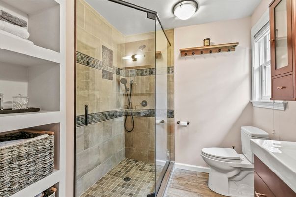 Bathroom, Glass Shower, Interior, Wood Texture Flooring