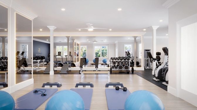 Fitness Equipment, Gym, Interior, Recessed Lighting, Wood Texture Flooring
