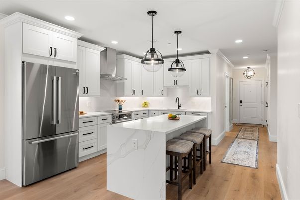 Interior, Kitchen, Pendant Lights, Recessed Lighting, Stainless Steel Appliances, Wood Texture Flooring