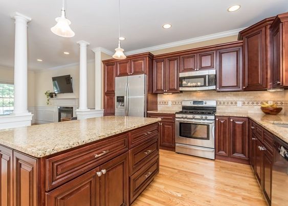 Fireplace, Interior, Kitchen, Pendant Lights, Recessed Lighting, Stainless Steel Appliances, Wood Texture Flooring