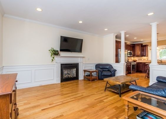Fireplace, Interior, Kitchen, Recessed Lighting, Wood Texture Flooring