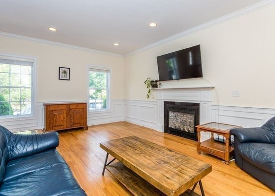 Fireplace, Interior, Recessed Lighting, Wood Texture Flooring
