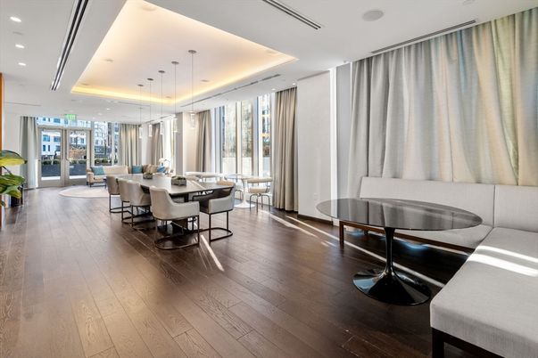 Dining room, Interior, Pendant Lights, Recessed Lighting, Wood Texture Flooring