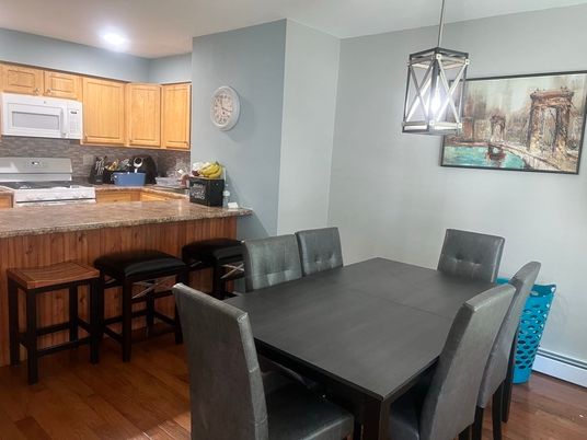 Dining room, Interior, Kitchen, Pendant Lights, Recessed Lighting, Wood Texture Flooring