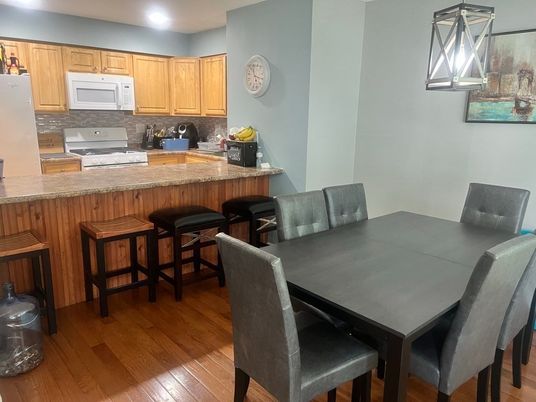 Dining room, Interior, Kitchen, Recessed Lighting, Wood Texture Flooring