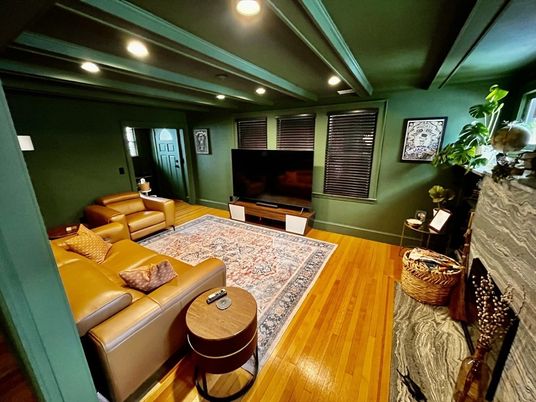 Fireplace, Interior, Living room, Recessed Lighting, Wood Texture Flooring