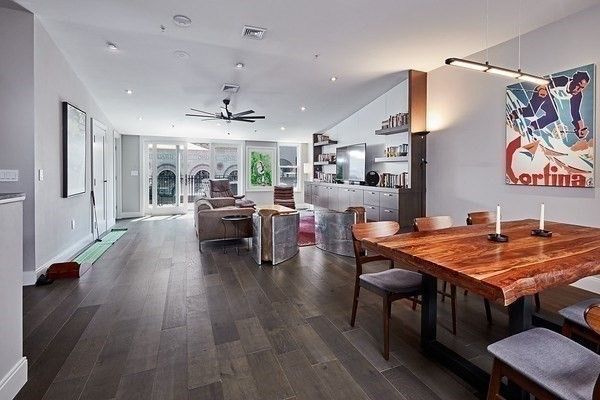 Dining room, Interior, Living room, Pendant Lights, Recessed Lighting, Wood Texture Flooring