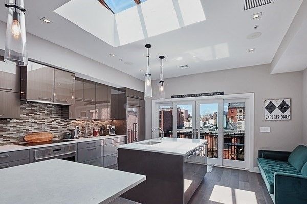 Glass Ceilings, Interior, Kitchen, Pendant Lights, Recessed Lighting, Wood Texture Flooring