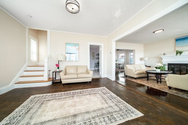 Fireplace, Interior, Living room, Recessed Lighting, Wood Texture Flooring