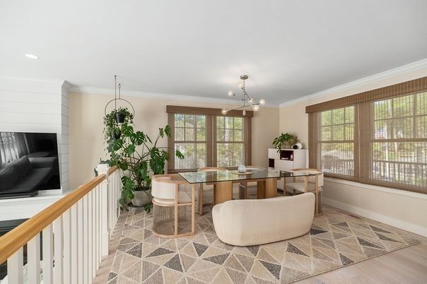 Dining room, Interior, Pendant Lights, Recessed Lighting, Wood Texture Flooring