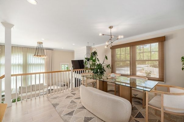 Dining room, Interior, Pendant Lights, Recessed Lighting, Wood Texture Flooring