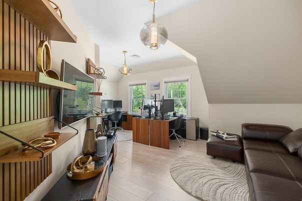 Home Office, Interior, Pendant Lights, Wood Texture Flooring