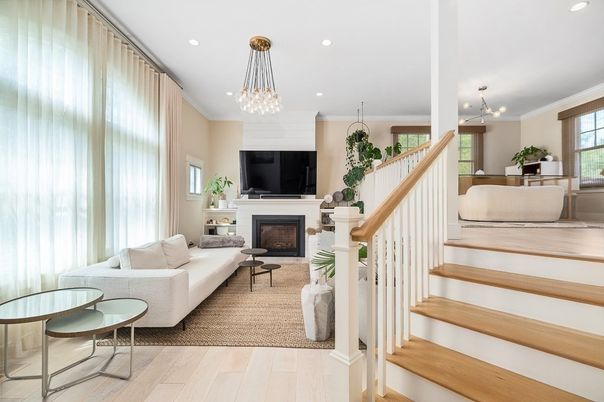 Fireplace, Interior, Living room, Pendant Lights, Recessed Lighting, Wood Texture Flooring