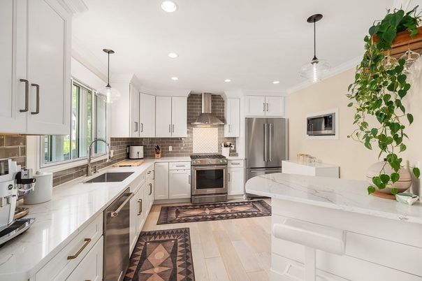 Interior, Kitchen, Pendant Lights, Recessed Lighting, Stainless Steel Appliances, Wood Texture Flooring