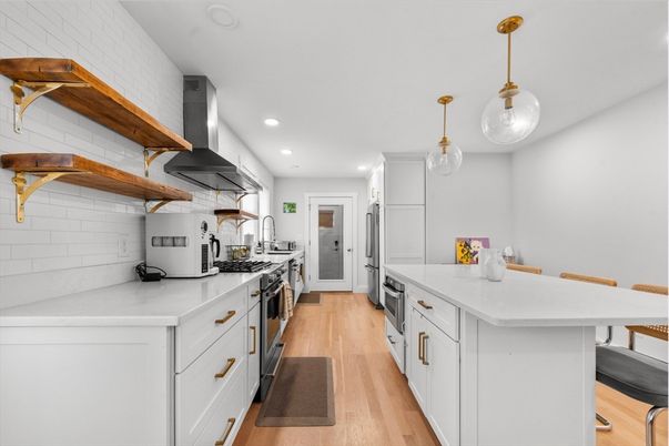 Interior, Kitchen, Pendant Lights, Recessed Lighting, Wood Texture Flooring