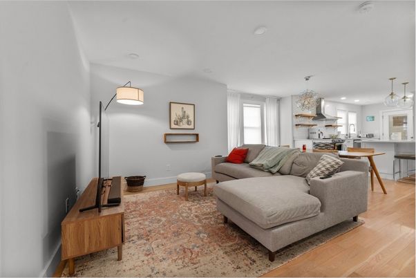Chandelier, Dining room, Interior, Kitchen, Living room, Pendant Lights, Recessed Lighting, Wood Texture Flooring