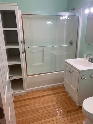 Bathroom, Glass Shower, Interior, Wood Texture Flooring
