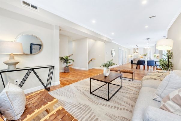 Dining room, Interior, Living room, Pendant Lights, Recessed Lighting, Wood Texture Flooring