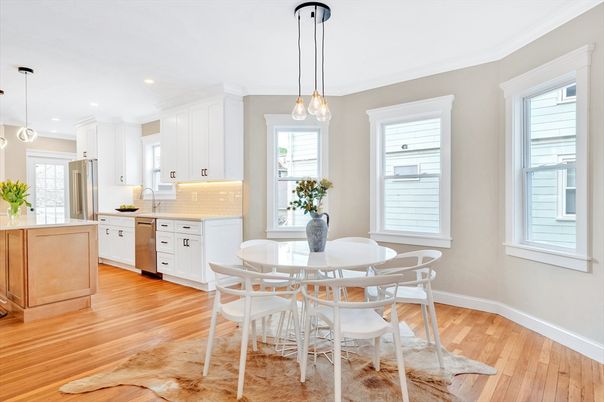 Dining room, Interior, Kitchen, Pendant Lights, Recessed Lighting, Stainless Steel Appliances, Wood Texture Flooring