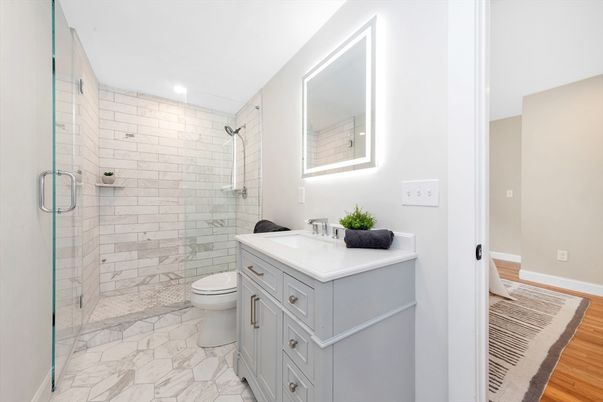 Bathroom, Glass Shower, Interior, Marble, Recessed Lighting