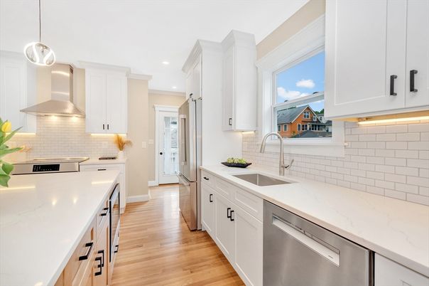 Interior, Kitchen, Pendant Lights, Recessed Lighting, Stainless Steel Appliances, Wood Texture Flooring