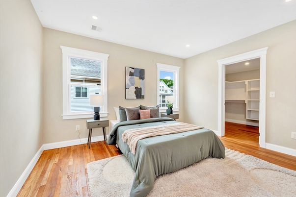 Bedroom, Interior, Recessed Lighting, Wood Texture Flooring