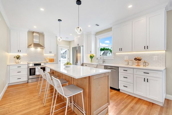 Interior, Kitchen, Pendant Lights, Recessed Lighting, Stainless Steel Appliances, Wood Texture Flooring