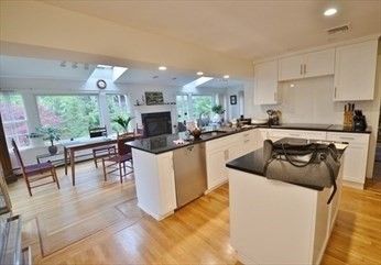Dining room, Fireplace, Interior, Kitchen, Living room, Recessed Lighting, Wood Texture Flooring