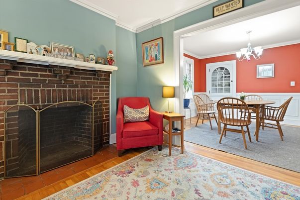 Chandelier, Dining room, Fireplace, Interior, Wood Texture Flooring