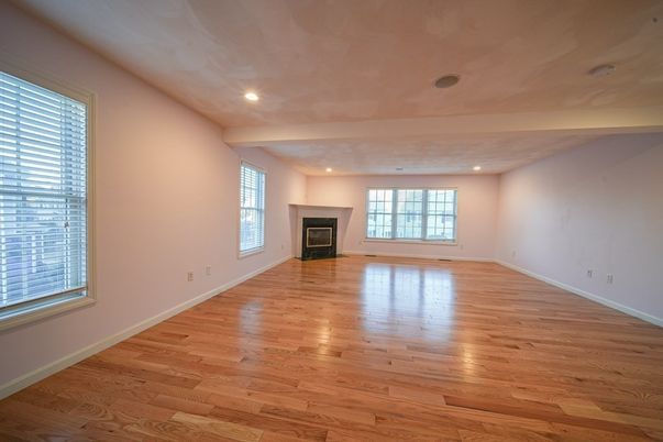 Empty room, Fireplace, Interior, Recessed Lighting, Wood Texture Flooring