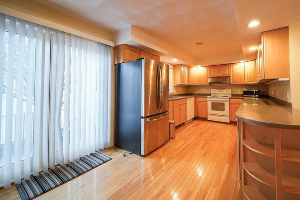 Interior, Kitchen, Recessed Lighting, Stainless Steel Appliances, Wood Texture Flooring