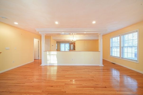 Chandelier, Empty room, Interior, Recessed Lighting, Wood Texture Flooring