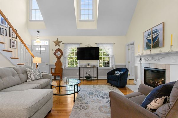 Fireplace, Interior, Living room, Pendant Lights, Wood Texture Flooring