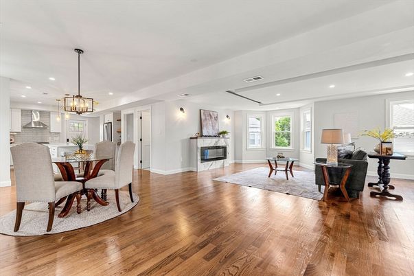 Dining room, Fireplace, Interior, Kitchen, Living room, Pendant Lights, Recessed Lighting, Wood Texture Flooring
