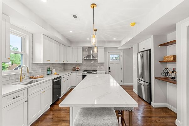 Interior, Kitchen, Pendant Lights, Recessed Lighting, Stainless Steel Appliances, Wood Texture Flooring