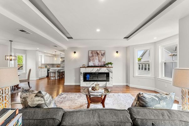 Dining room, Fireplace, Interior, Living room, Pendant Lights, Recessed Lighting, Wood Texture Flooring