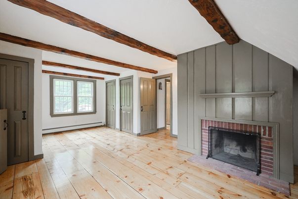 Empty room, Fireplace, Interior, Wooden Beams, Wood Texture Flooring