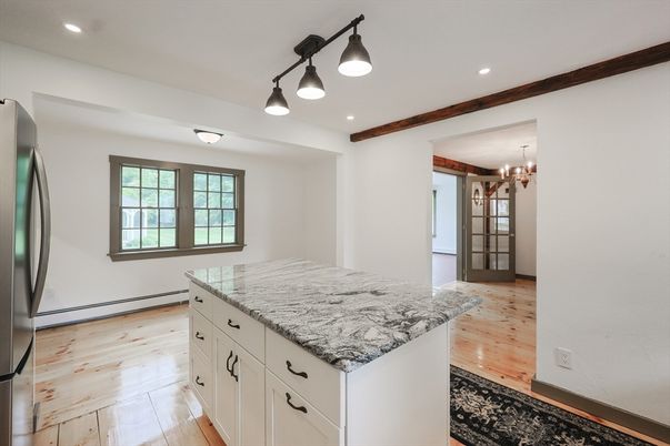 Chandelier, Interior, Kitchen, Recessed Lighting, Wooden Beams, Wood Texture Flooring