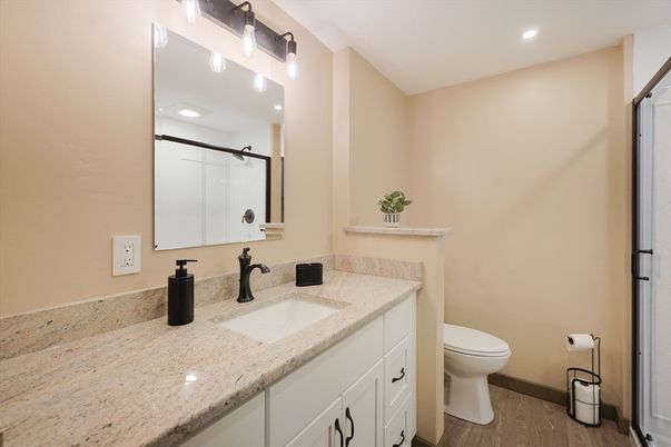 Bathroom, Interior, Recessed Lighting, Wood Texture Flooring