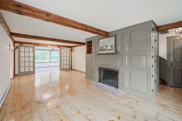 Chandelier, Empty room, Fireplace, Interior, Wooden Beams, Wood Texture Flooring