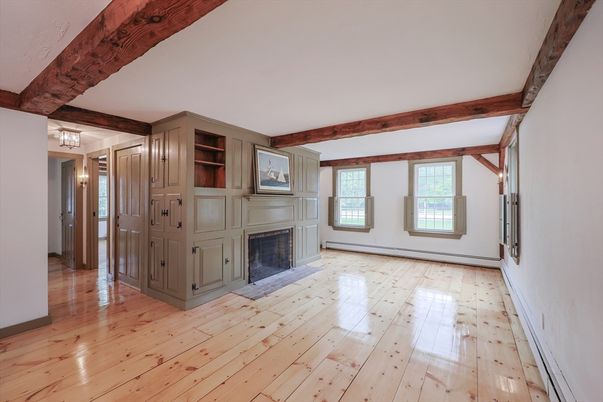 Empty room, Fireplace, Interior, Wooden Beams, Wood Texture Flooring
