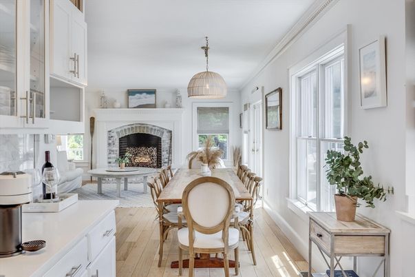 Dining room, Fireplace, Interior, Pendant Lights, Wood Texture Flooring