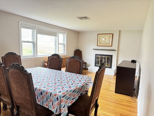 Dining room, Fireplace, Interior, Wood Texture Flooring