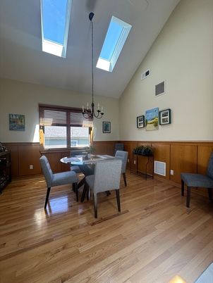 Chandelier, Dining room, Interior, Wood Texture Flooring