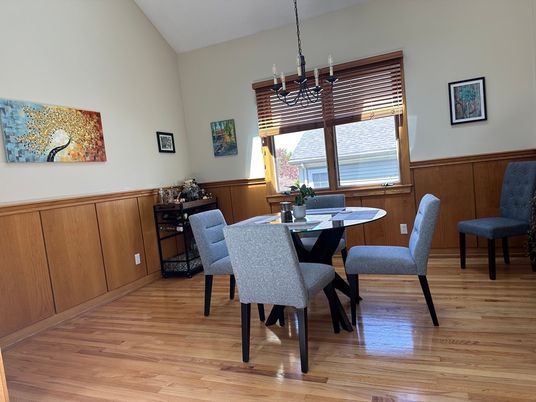 Chandelier, Dining room, Interior, Wood Texture Flooring