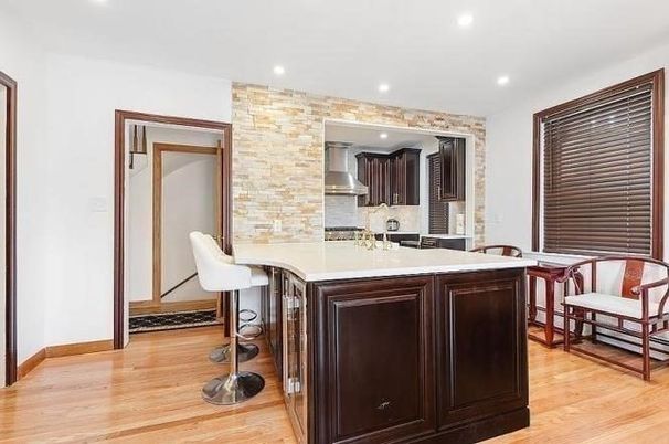 Interior, Kitchen, Recessed Lighting, Stainless Steel Appliances, Stone Walls, Wood Texture Flooring