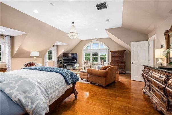 Bedroom, Chandelier, Interior, Recessed Lighting, Wood Texture Flooring